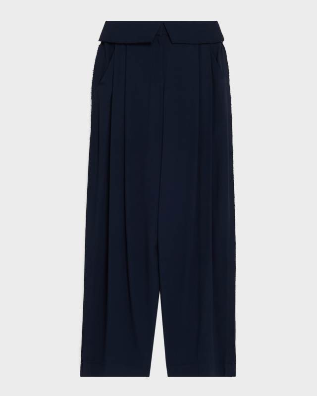 Foldover-Waist Pleated Wide-Leg Pants